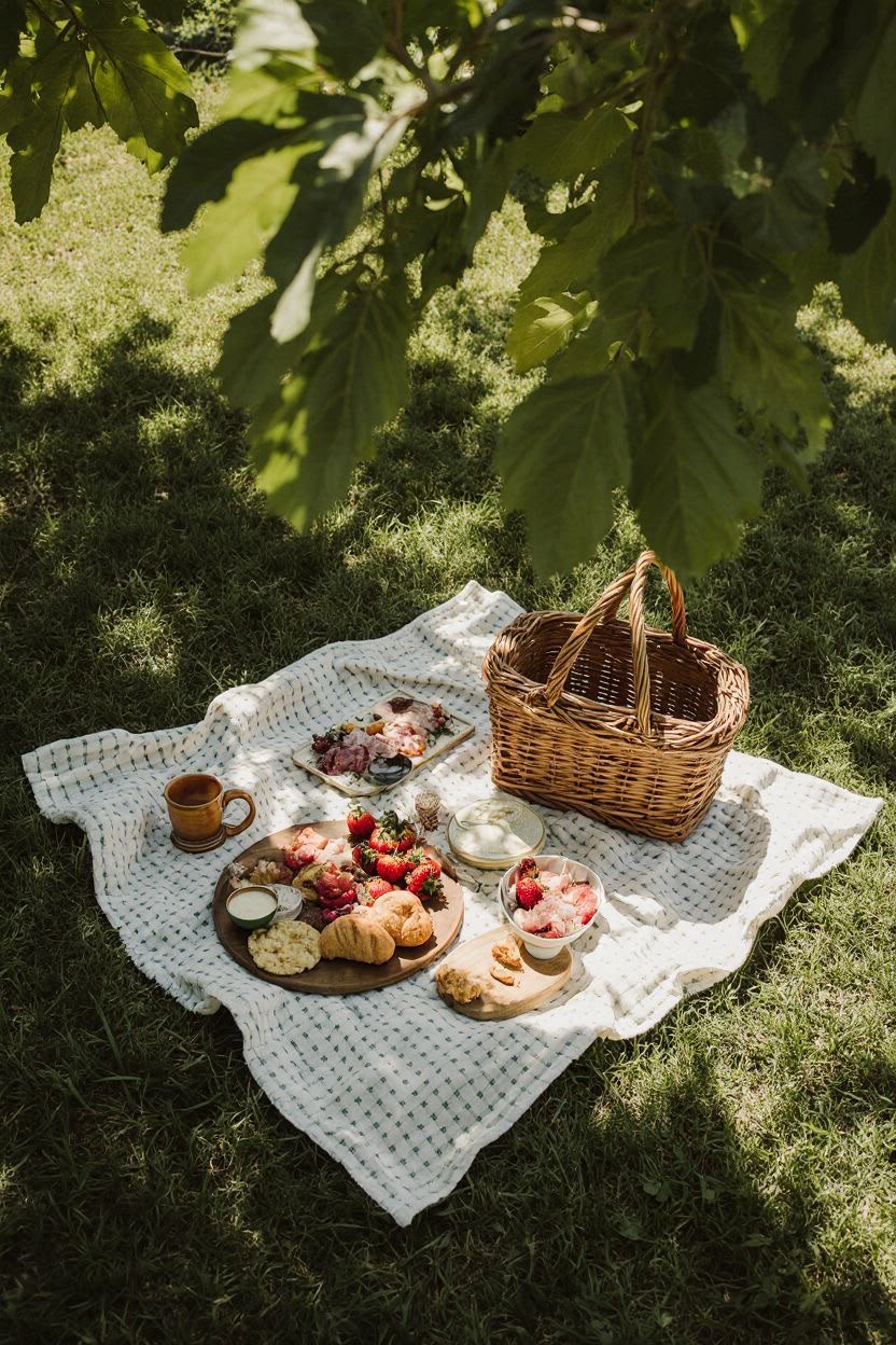 Pique-nique sous un arbre avec panier et fraises