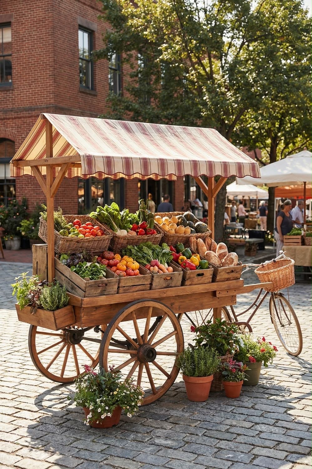 Charrette de marché en bois garnie de fruits avec vélo
