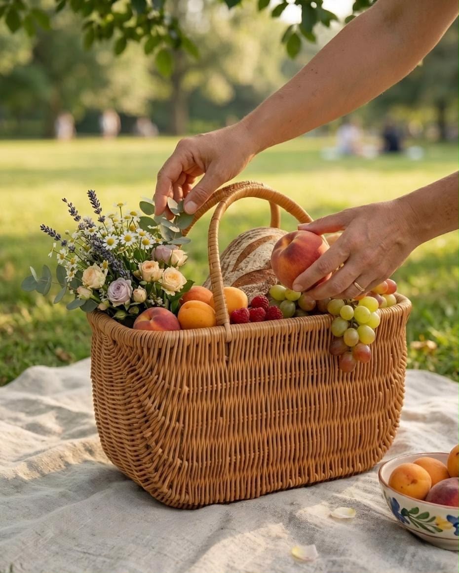 Panier d'osier garni de pêches, raisin, pain et fleurs