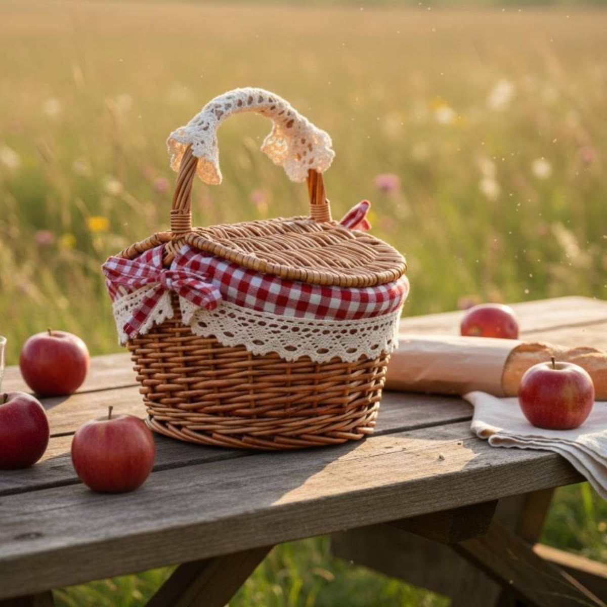 Panier d'osier à nœud vichy, pommes et baguette