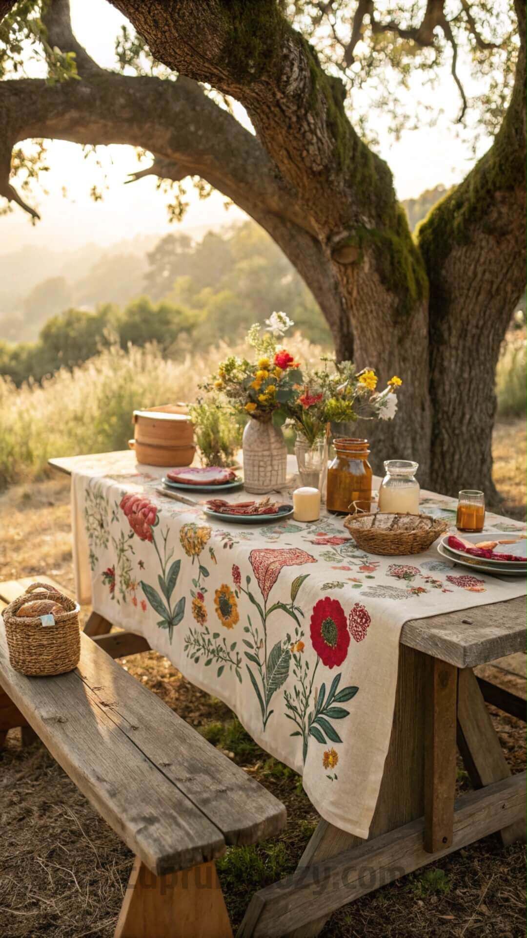 Table de pique-nique sous un chêne au coucher du soleil