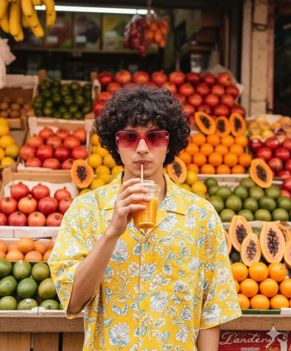Homme buvant un jus d'orange frais au marché