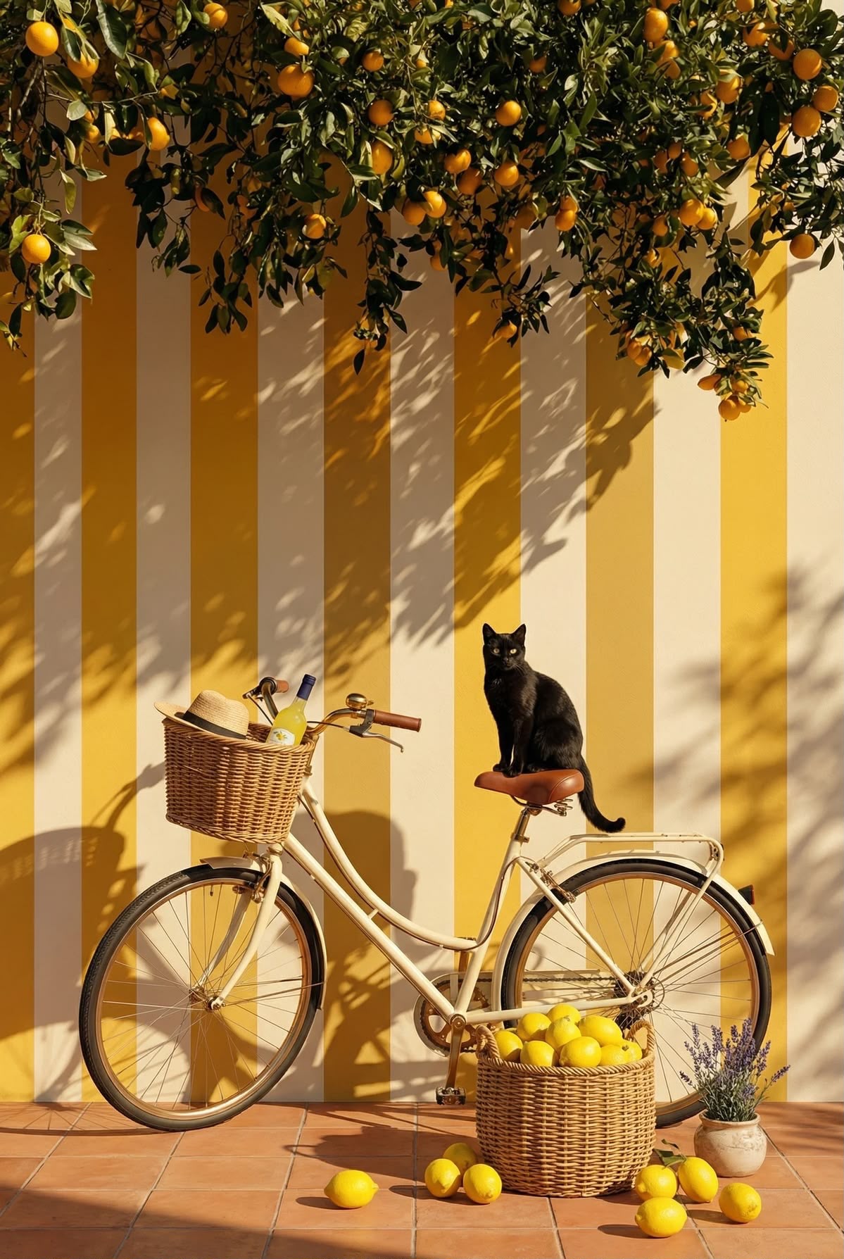 Vélo crème, chat noir et panier de citrons devant un mur à rayures jaunes