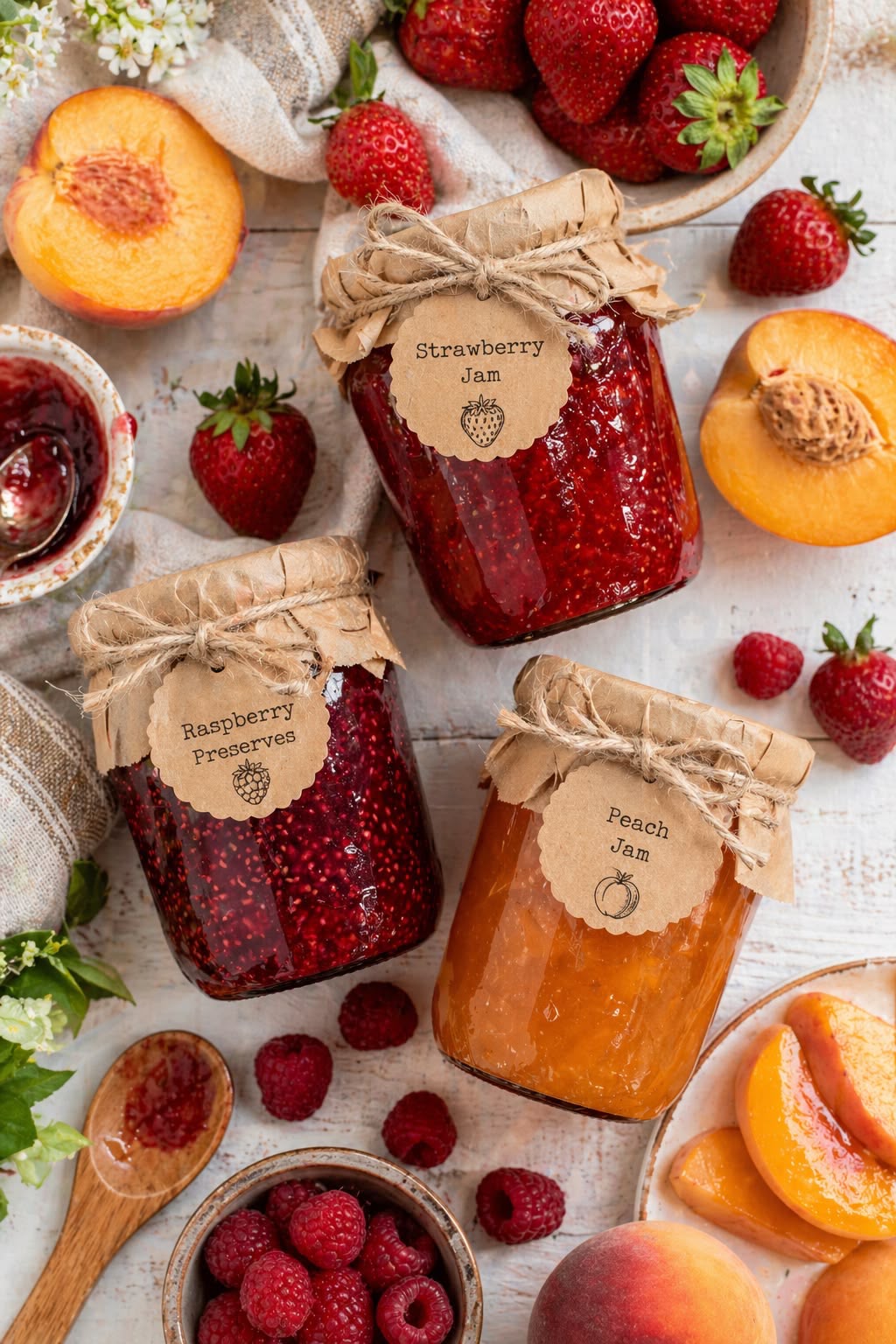 Pots de confiture fraise, pêche et framboise étiquetés