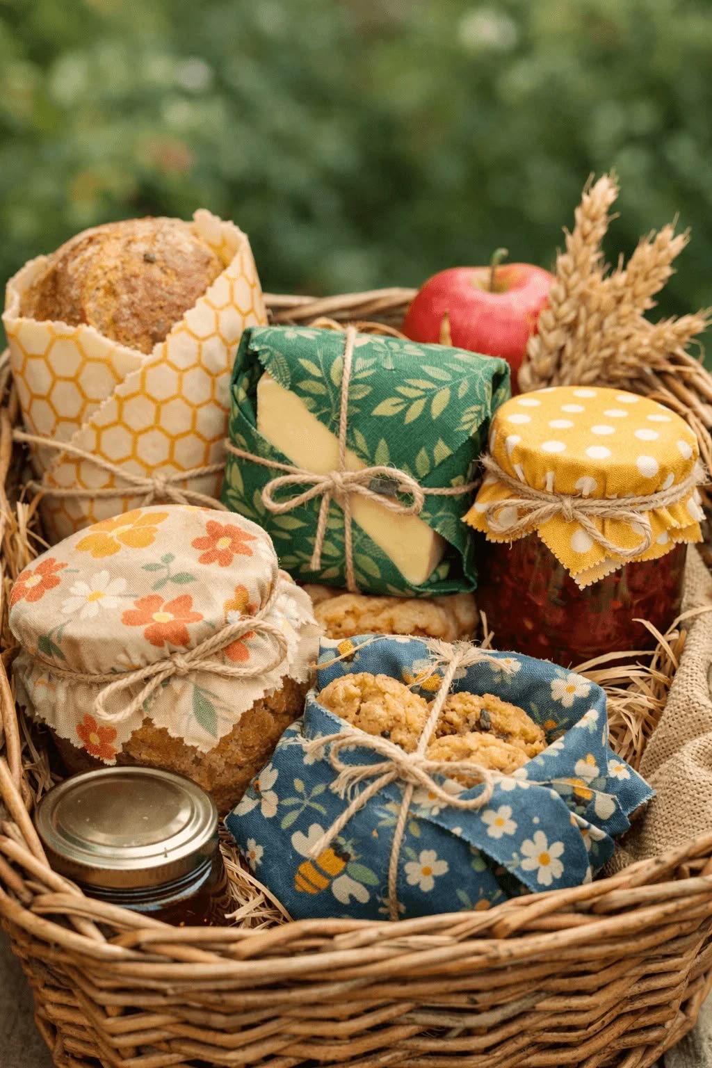 Panier garni de pots, pain et biscuits